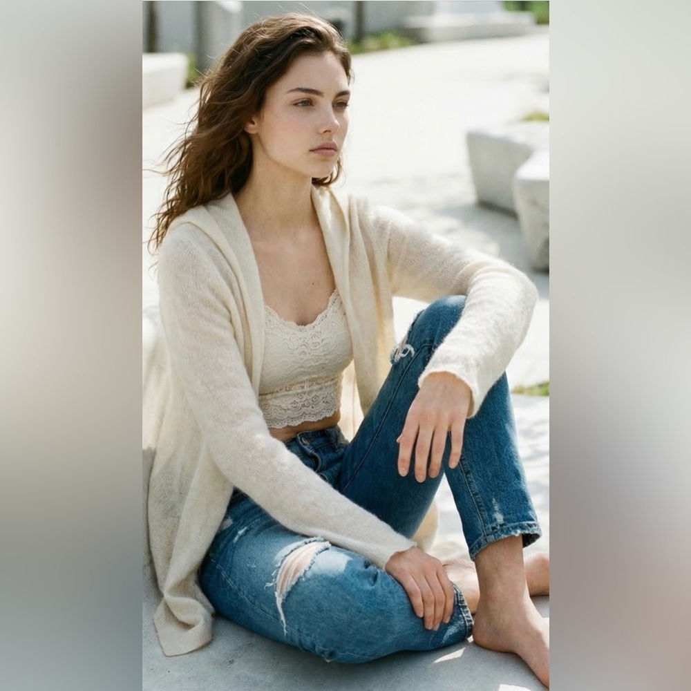 Minnie Rose Cream Cashmere Open-Front Hooded Cardigan
